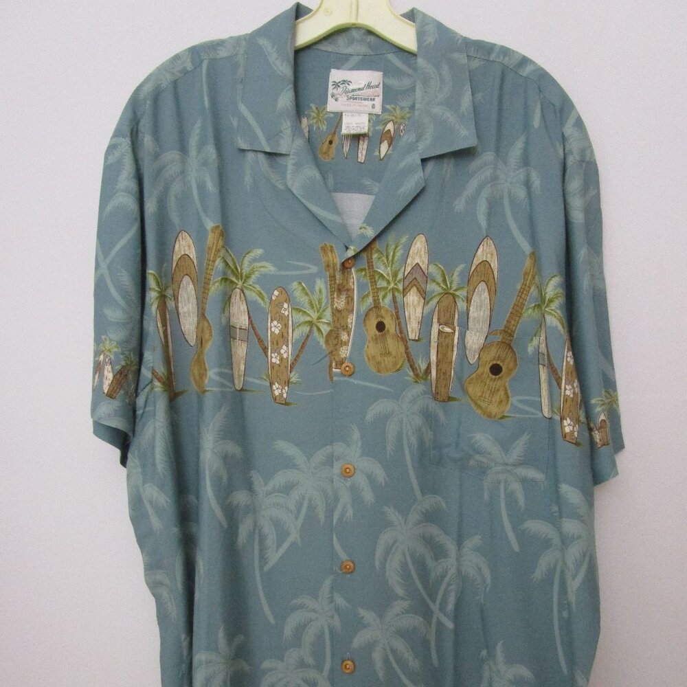 Mens Hawaii Surfboard Coconut Button Front Shirt Tropical Tiki C